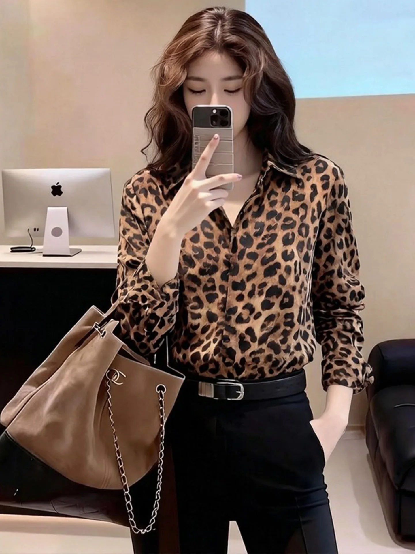 

Chic Light Maturi Sle Coffee Leopard Print irt Women's Loose Fit Premium Feel Spring 2026 New Arrival Versatile Top