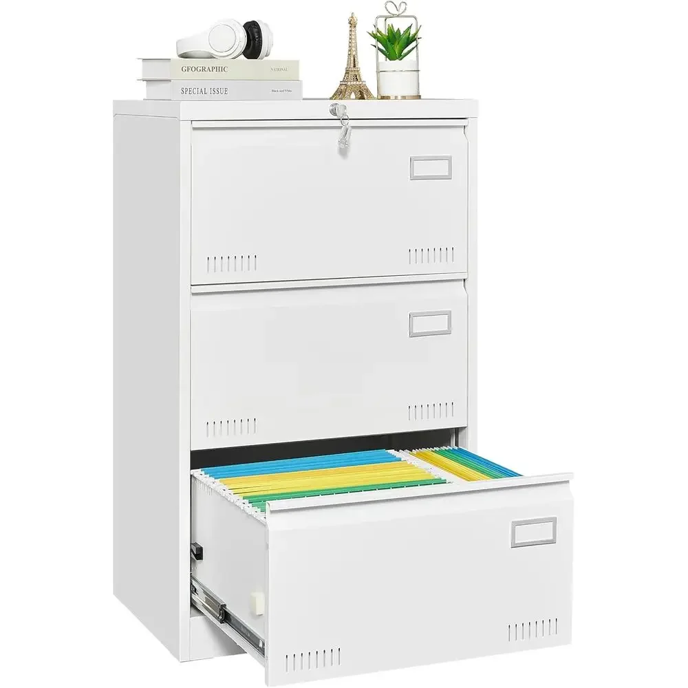 3 Drawer White Lateral File Cabinet with Lock, Suitable for Home or Office, Holds Legal/Letter/A4 Files