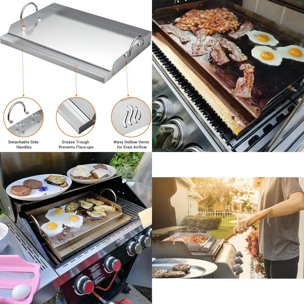 

Stainless Steel Griddle for Gas and Charcoal Grills - 23x16, Flat Top with Grease Groove, Ideal for Tailgating and Camping