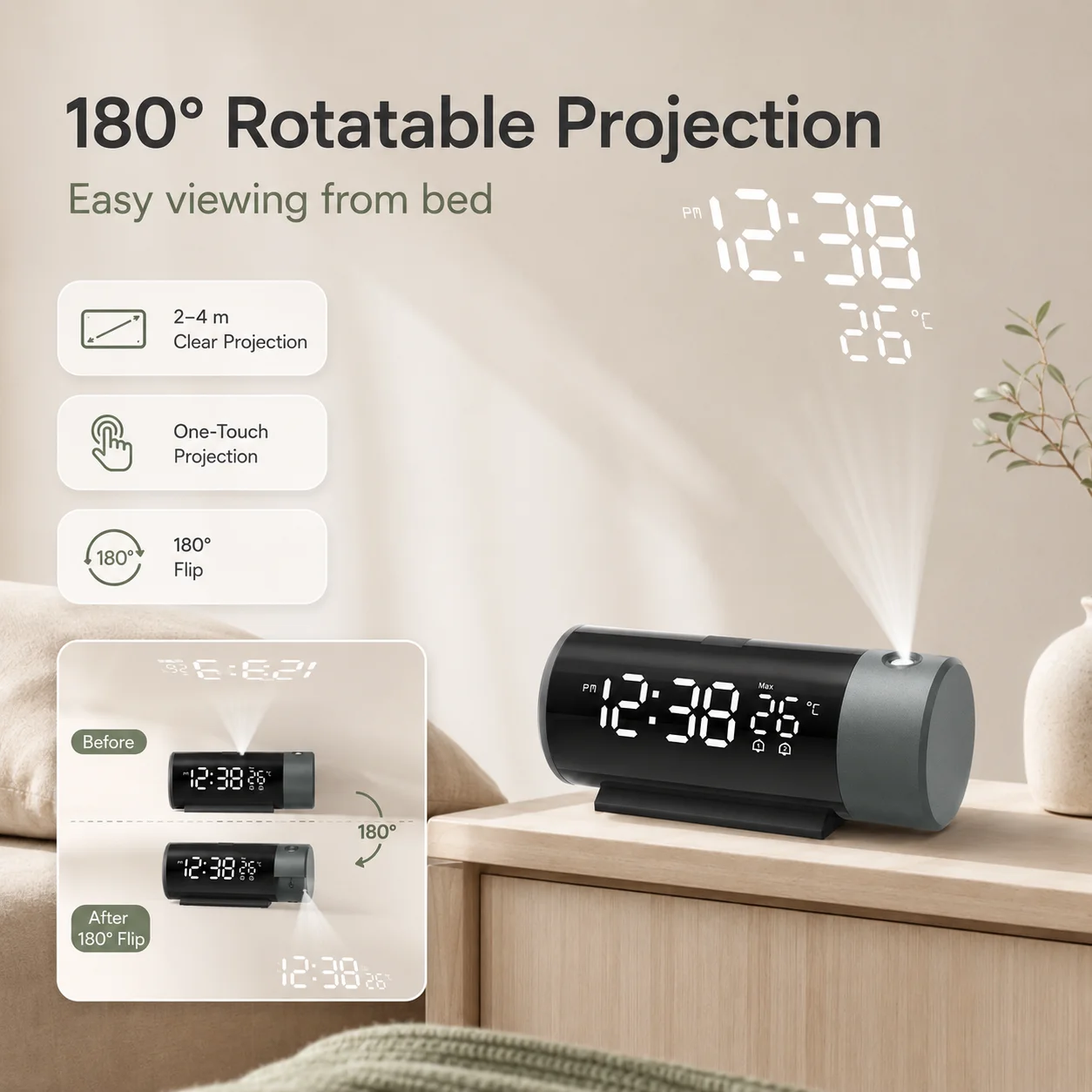 Dual Alarm Projection Clock with Temperature Display 180° Rotating LED Backlight Snooze Feature for Bedroom Home Office Use
