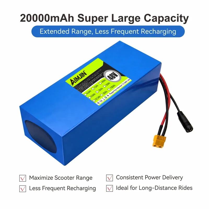 High Capacity 48V Electric Scooter Battery 13S5P 20Ah 18650 Grade-A Cells 2000W Built-in BMS XT60 JST Long Range Safe & Durable