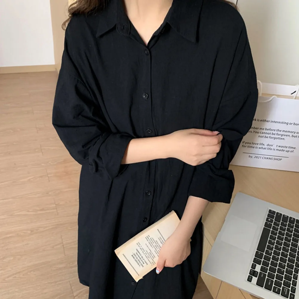 Women Spring Loose Long Sleeve Shirt Dress Fashion Casual Sunscreen Blouse Dress