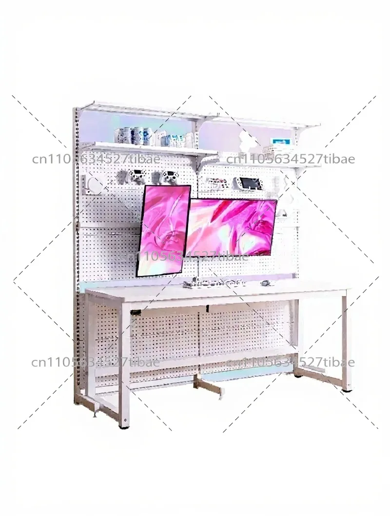 Electric Height Adjustable Computer Desk with Perforated Panel, Integrated Bookshelf Workstation Gaming Desktop