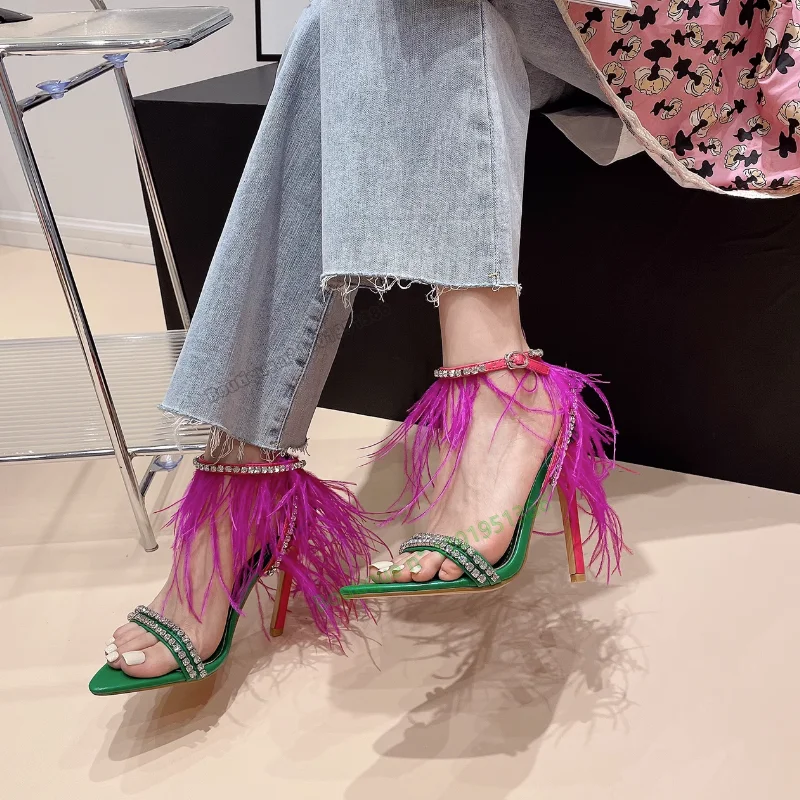 Green and Pink Fur Decor Sandals Crystal Decor Stilettos High Heel Shoes for Women Shoes on Heels 2023 New Zapatos Para Mujere