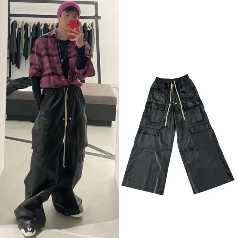 High Street Fashion Glossy Multipocket Straight Cargo Pant Casual Wide Leg Pant Full Length Baggy Pants Men Trouser