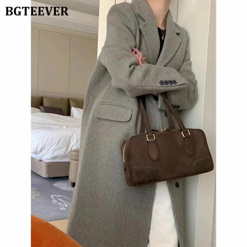 BGTEEVER Winter Long Sleeve Warm Women Woolen Coats Vintage Lapel Single-breasted Ladies Blend Overcoats