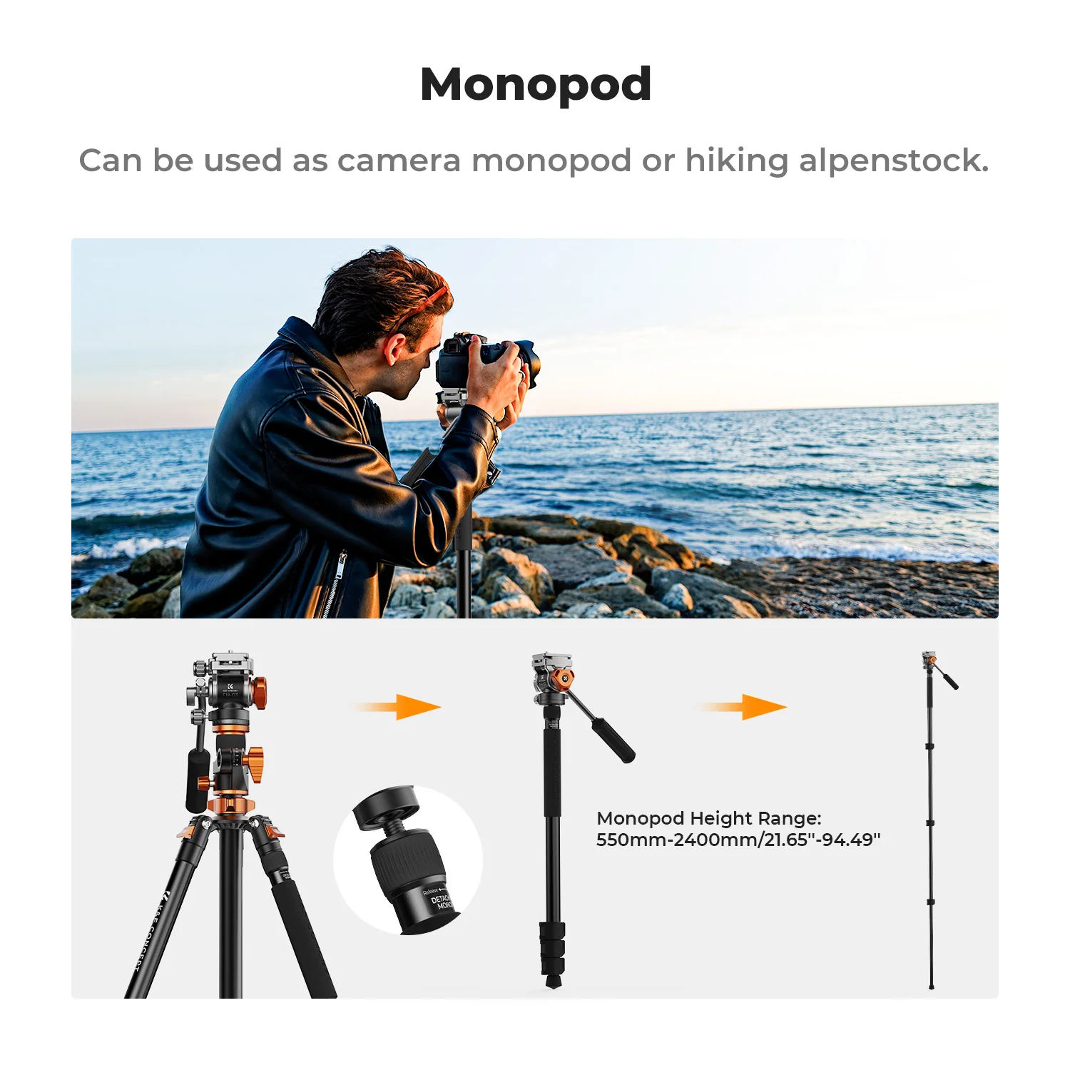 K&F Concept 91inch/2.3m fluid head tripod video tripod Reversible Detachable Monopod Transverse Center Column horizontal 360°