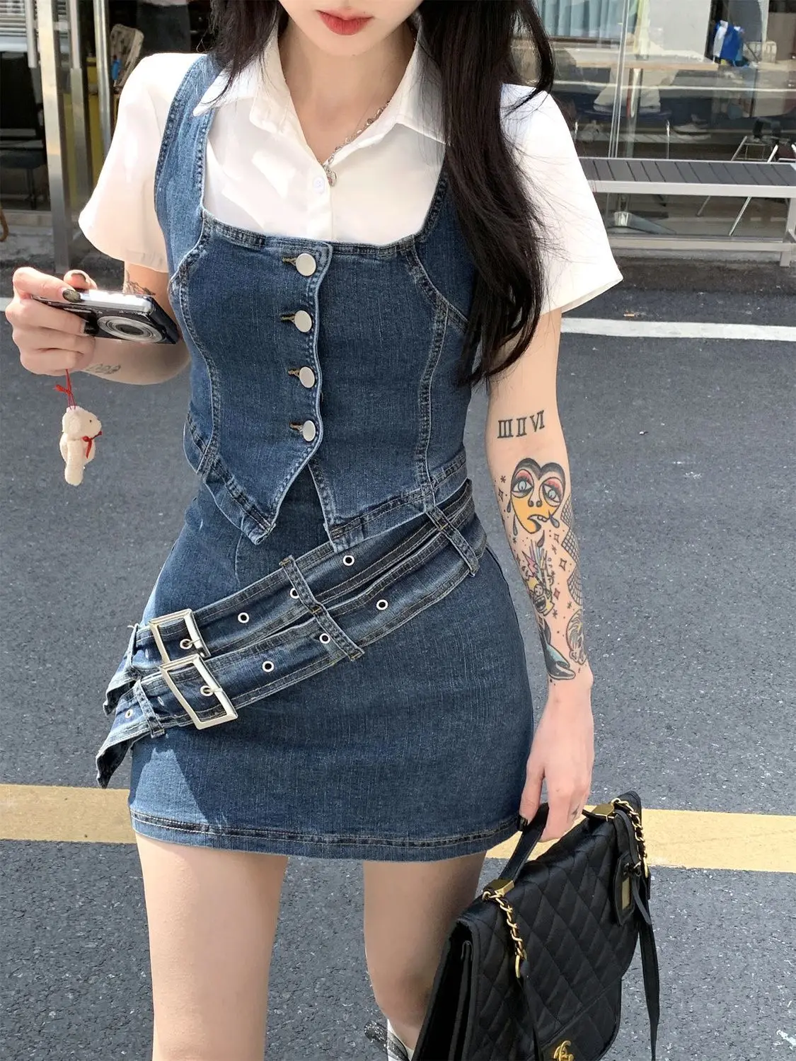 Denim Vest Suit Short Skirt Vintage Women Sleeveless V Neck Button Tank Tops Dark Academia 2000s Gothic Waistcoat Female Summer