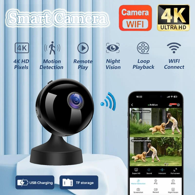 

Мини-камера безопасности 4K, инфракрасный монитор ночного видения, Wi-Fi, обнаружение движения 150 ° Широкоугольное наблюдение с двусторонней аудиосвязью