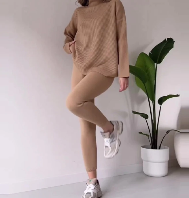 

Two Pieces of Casual Women Outfits 2023 Winter New Solid Color Fashion Minimalist High Necked Long Sleeved Base Knit Sweater Set