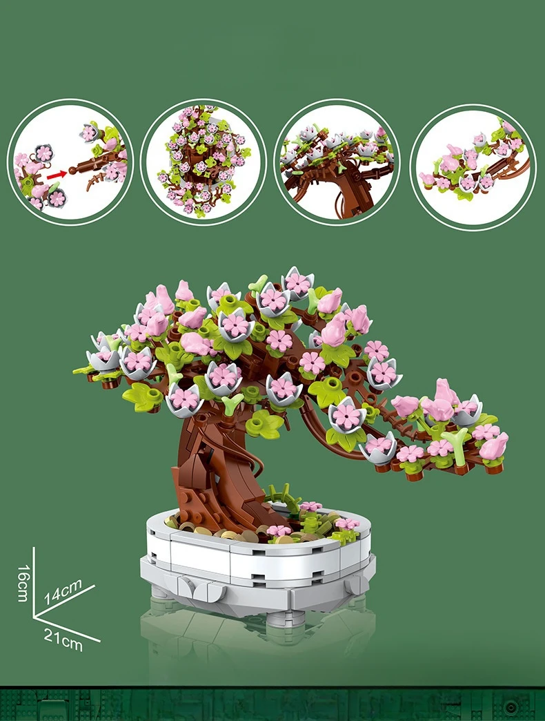 462PCS Bonsai Building Block Flower Creative Plant Cherry Blossom Tree Potted Bouquet DIY  Home Decoration Gifts Toys