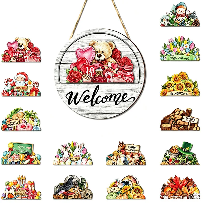 Interchangeable Welcome Sign for Front Door 16PCS Wooden Seasonal Door Hanging Sign Decor Set for Holidays & Year Round