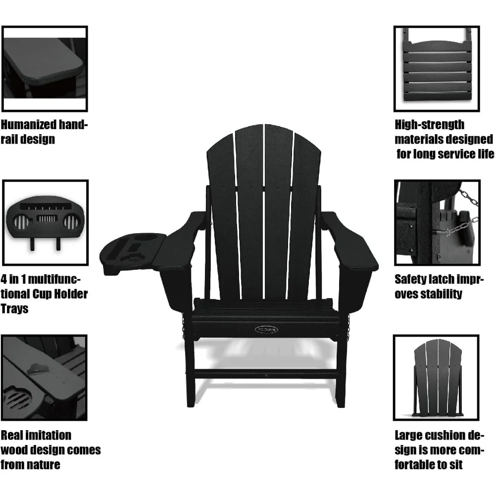 Silla Adirondack para exteriores, Juego de 4 sillas resistentes a la intemperie con bandejas de portavasos 4 en 1, silla de jardín