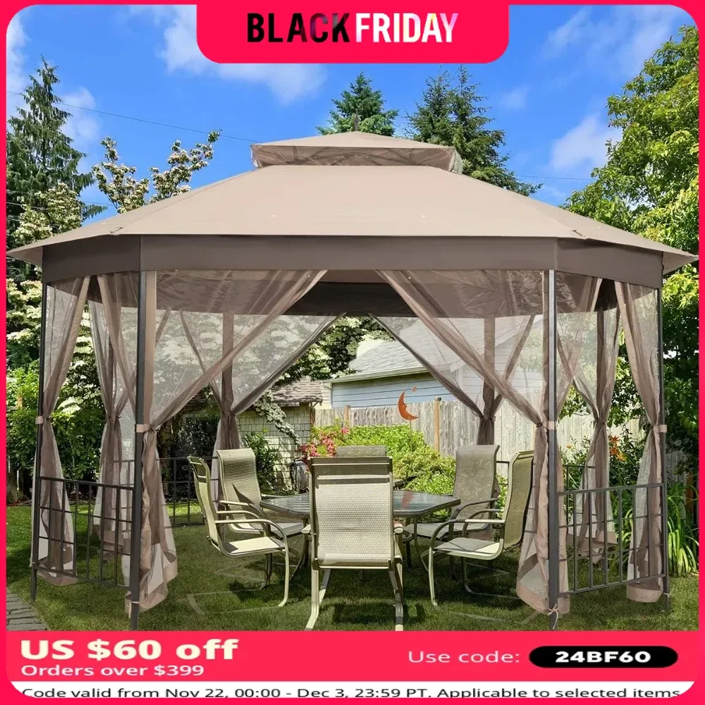 Heavy Duty Octagonal Gazebo Canopy W/Netting Sidewalls & Sturdy Steel Frame Roof Top Tent 10 X 12 Ft Patio Gazebo Camping Tent