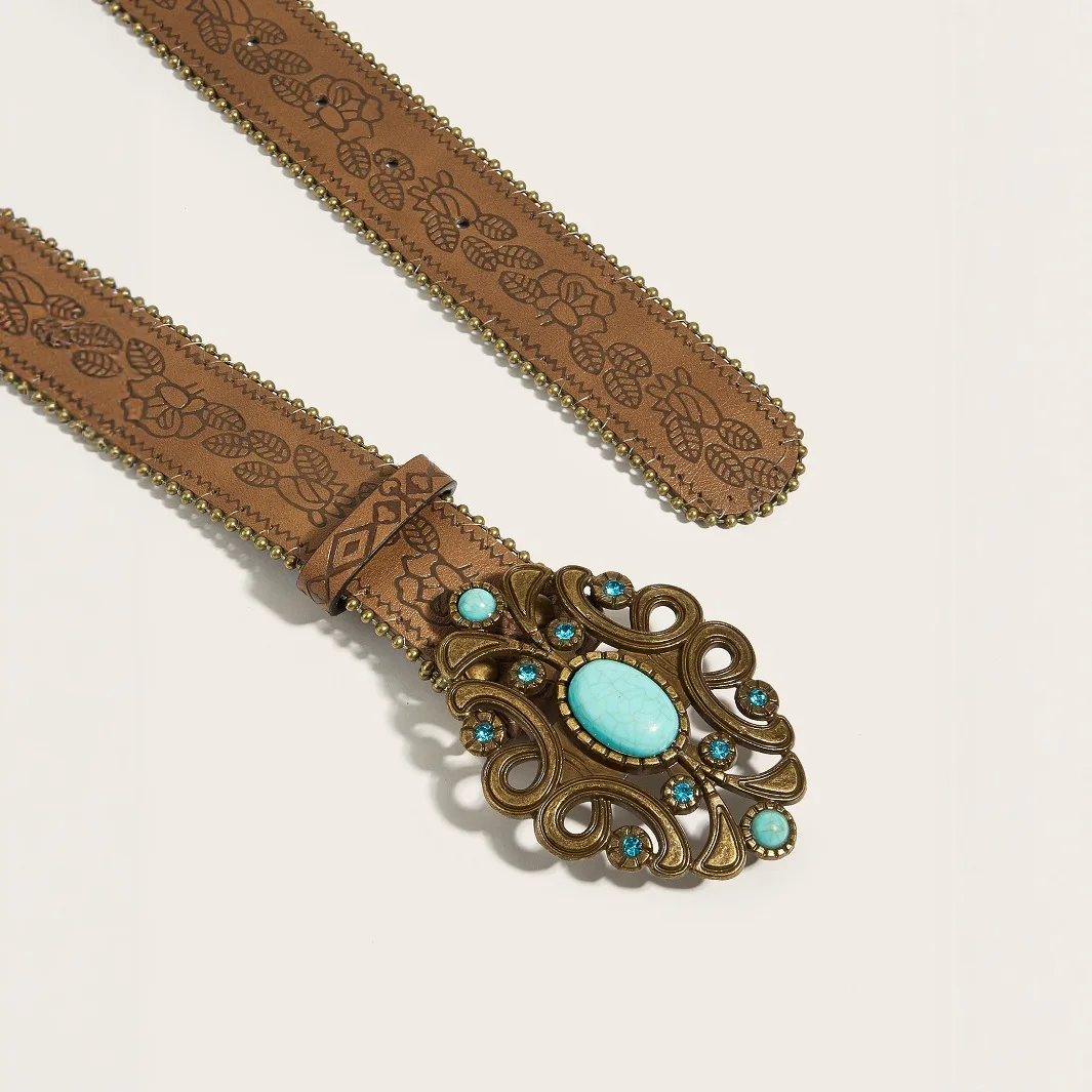 ‌2025 Vintage Rose Embossed Belt - Brown Cowboy Waist Chain for Women, Retro Dress Accessory Distressed Metal Waist Jewelry