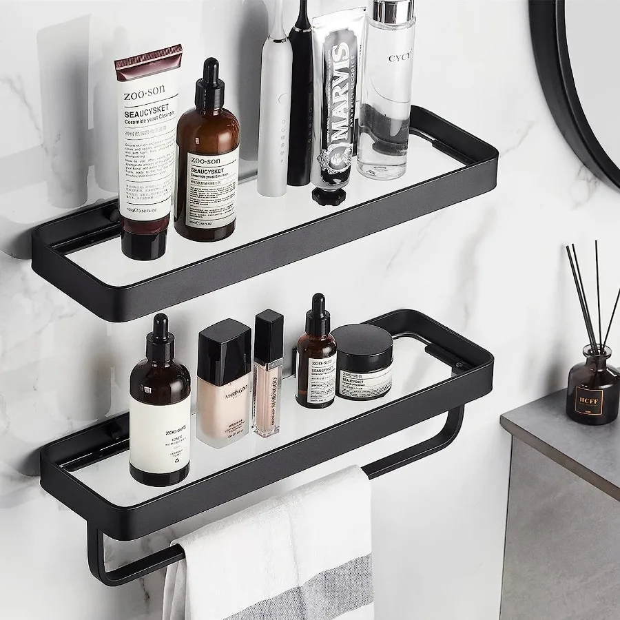 

Bathroom Shelves Wall Mounted Glass Shelves for Bathroom Floating Shelf with Towel Holder Glass Shower Shelf 2 Tier Bathroom Wa