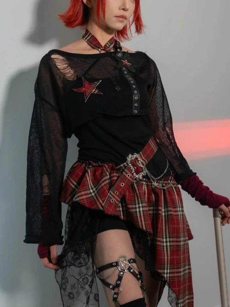 

Готический Hottie Американский модный комплект из 2 предметов Женская черная блузка + дизайнерское платье нестандартной формы Новый винтажный тонкий наряд в стиле ретро в стиле панк Лето