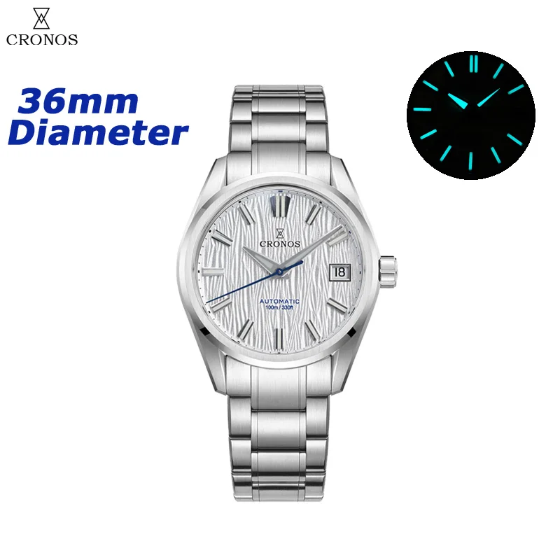 Cronos Men Watch 36mm Automatic PT5000 Miyota 9015 Movement Wristwatches White Dial Birch Pattern Sapphire 10 ATM L6048M