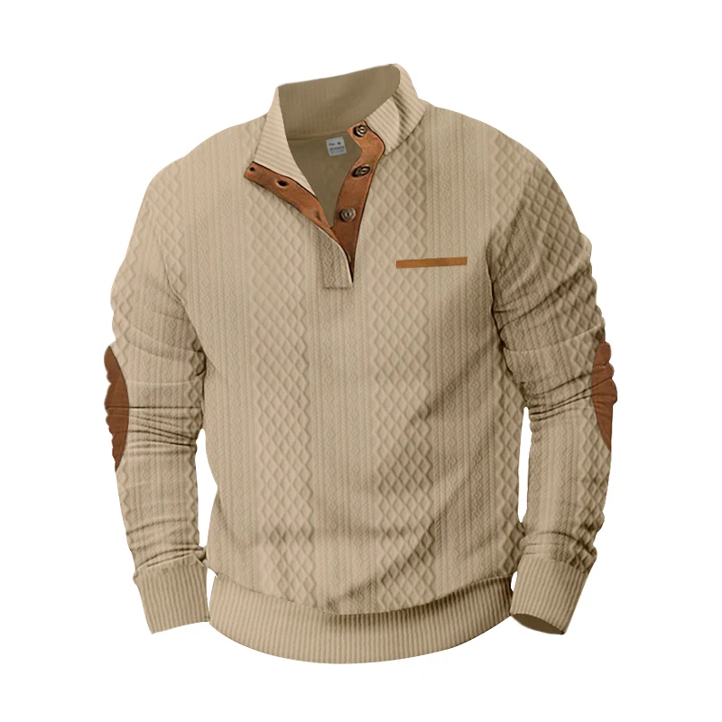 2026 Men's Quarter Button Stand Collar Textured Knit Pullover Sweater Casual Long Sleeve Top with Elbow Patches Multi-color