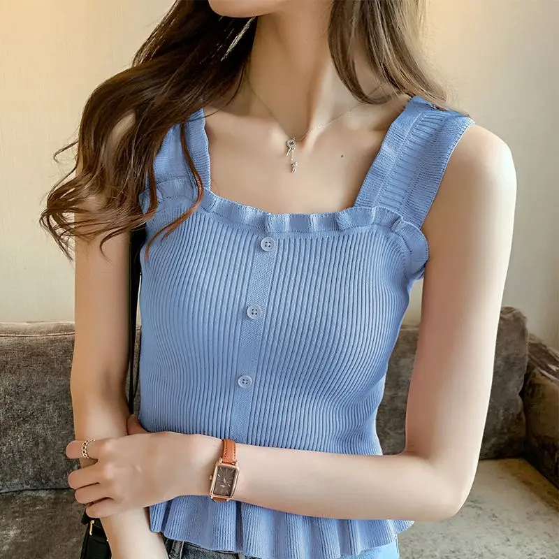 Women Clothes Summer Casual Korean Fashion Button Solid Color Square Collar Female All-match Fashionable Ice Shreds Sleeveless