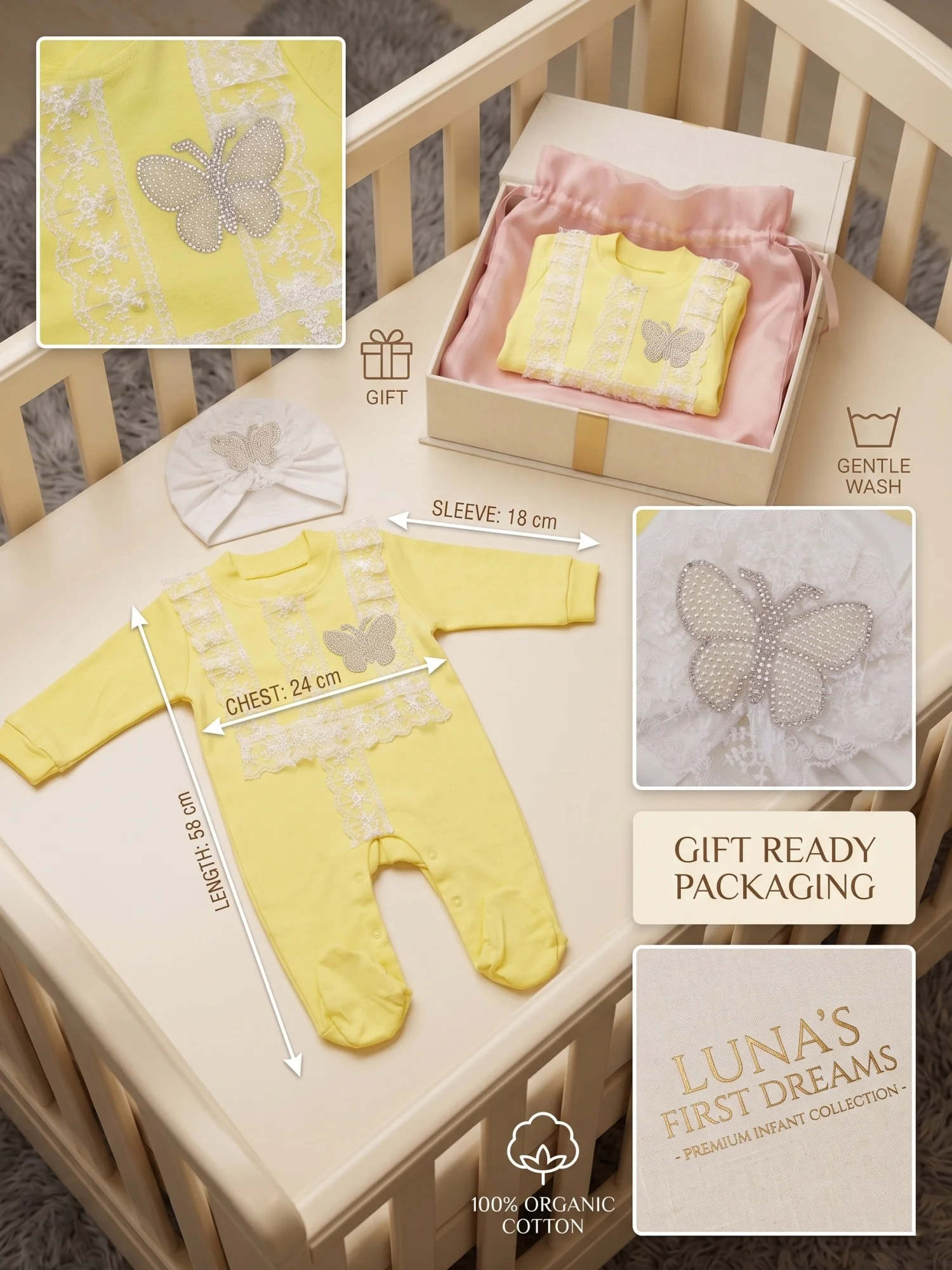 Ensemble 2 pièces barboteuse bébé fille en dentelle forêt enchantée jaune, combinaison à manches longues avec chaussons intégrés, chapeau papillon perlé, cadeau nouveau-né Pure Bliss