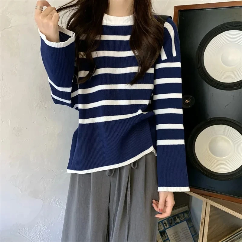 

Women Striped Loose Thick Warm Sweater Autumn Winter Casual Pullover Korean Vingate O Neck Long Sleeve Office Lady Jumpers