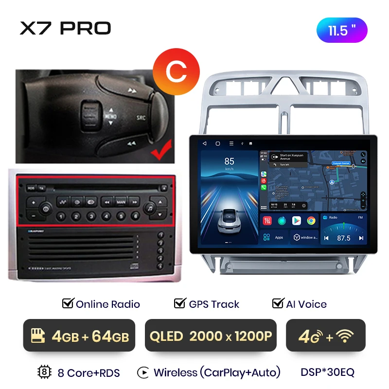 Junsun 13.1 inch QLED Android draadloze CarPlay autoradio voor Peugeot 307 307CC 307SW 2002-2013 intelligente systemen DSP SWC