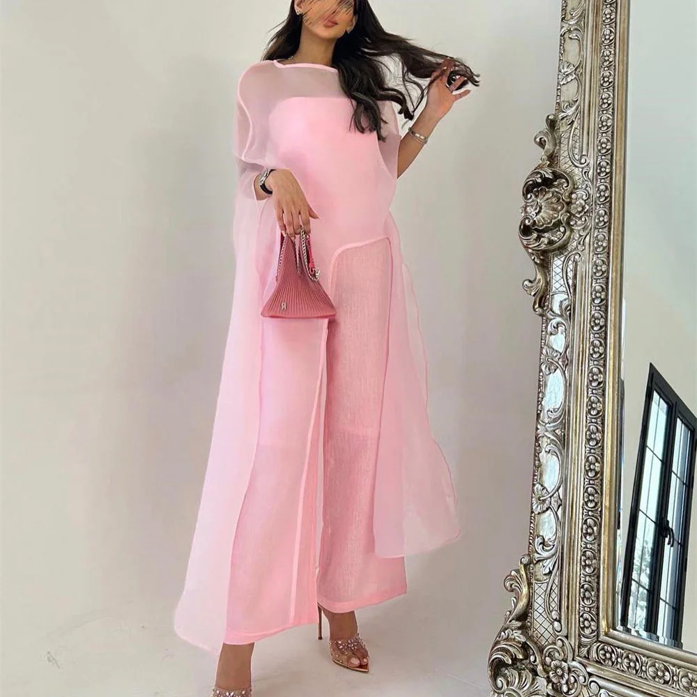 

ROYET Pleat Pink Half Sleeve Mermaid Long Summer Style Evening Gown Ankle Length Sweep Train Vintage Elegant Prom Dresses