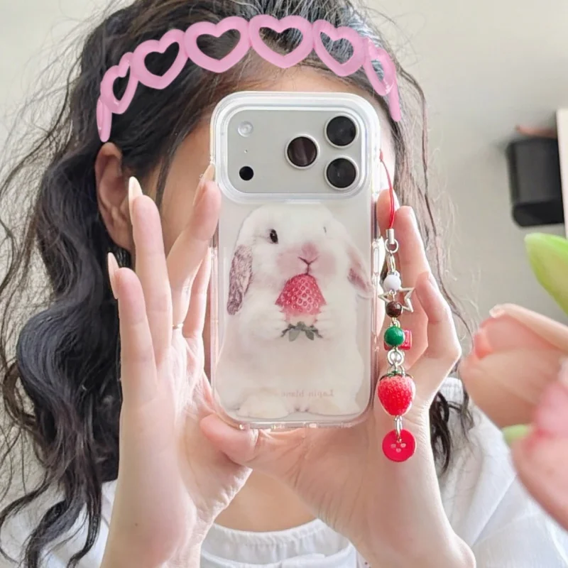 

Kawaii Cartoon Strawberry Rabbit Phone Case For iPhone 17 Pro 14 15 16 Pro Max Cover with Pendant Shockproof Cute Protective Cas