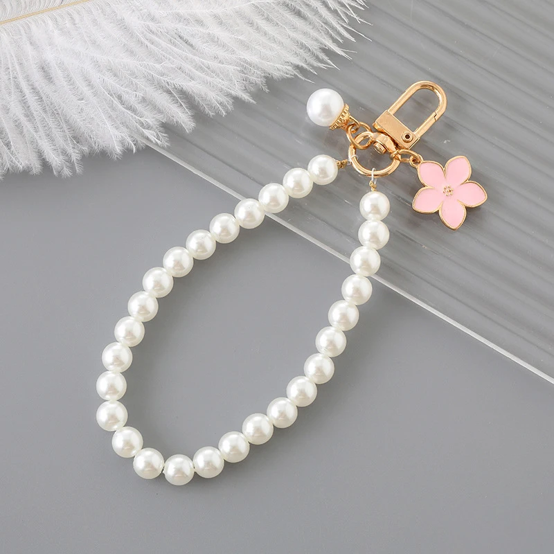 Ins Style Pearl Beaded Key Chain Bowknot Phone Pendant Headphone Case Charm Bag Decor Car Key Ring