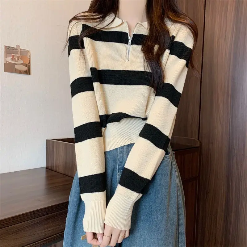 Striped Cropped Sweater Women 2023 Spring Winter Knit Sweaters Korean Fashion Pullover Basic Top Y2K Polo Long Sleeve Knitwears