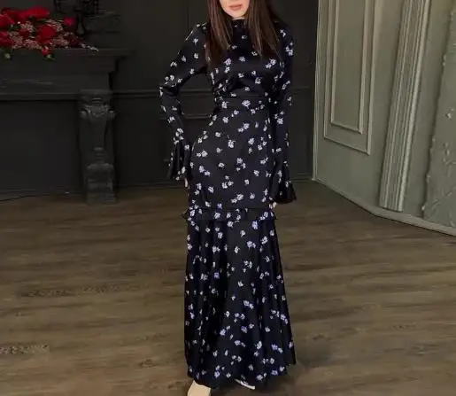 2025 프랑스 여성 드레스 신상 우아한 패션 플로럴 프린트 혼 슬리브 하이웨이스트 캐주얼 라운드넥 슬림 데일리 피쉬테일 스커트