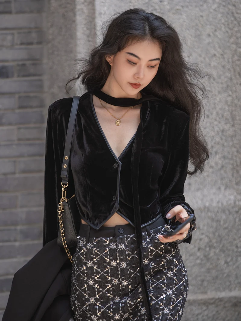 

Moona Vintage Bla Velvet Long Sve женская куртка с высокой талией V-Ne сексуальная верхняя одежда Pure Desire из смеси полиэстера и спандекса