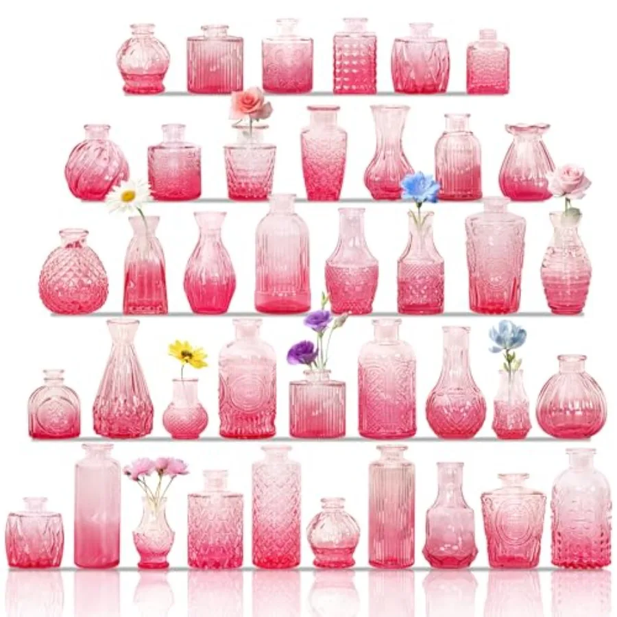 

Set of 40 Glass Bud Vases, Small Glass Vases in Bulk, Mini Vintage Embossed Flower Vase for Wedding, Centerpieces, Birthday Par