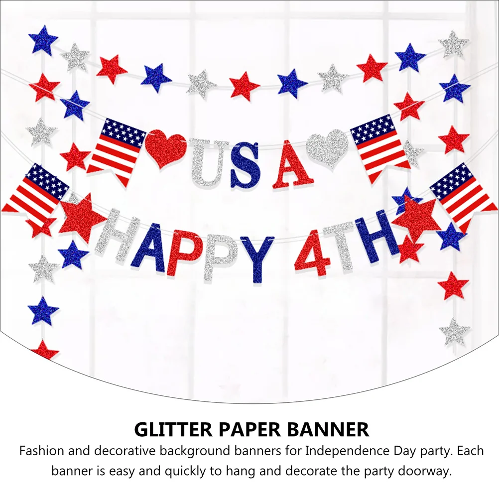 

2 Sets Party Decoration Patriotic Banners Glitter Paper Flags Bunting USA Decorations Hanging Independence Day String