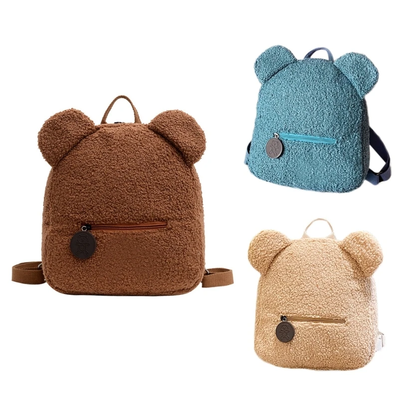 Mochila feminina lã sherpa E74B, bolsa pelúcia fofa, mochila viagem infantil, mochila peluda