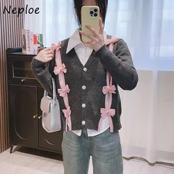 Neploe Bowknot Patchwork Design Knitted Cardigan 2024 Autumn Winter Fashionable Casual Loose V-Neck Long Sleeve Sweater Coat