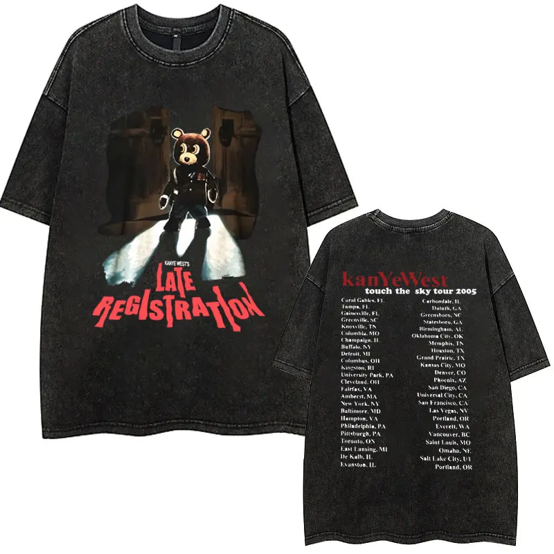 Rapper Kanye West Late Registration Tour 2005 T-shirt Men Women Hip Hop High Street Wash Vintage T-shirts Man Oversized T Shirt