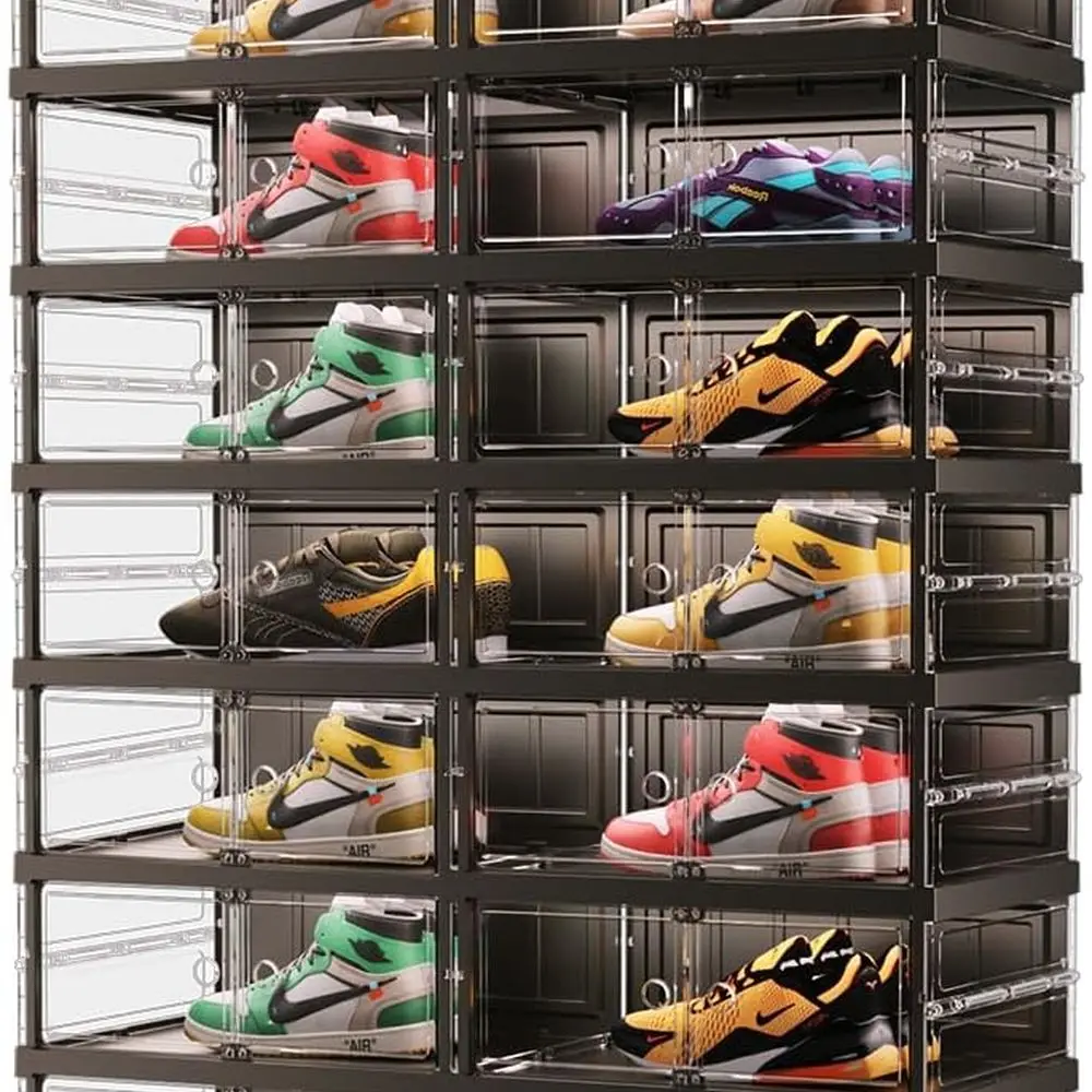 Large 20-40 Pair Clear Plastic Shoe Rack Organizer with Doors for Closet Storage, Easy Assembly, Black