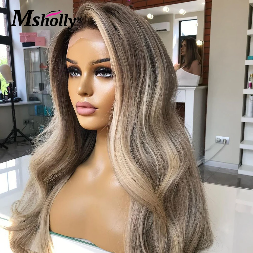 Highlight Ash Blonde 13X4 Lace Front Ombre Wig Body Wave Human Hair Wig For Women 180% Density Prepluck Dark Root Remy Hair Wigs