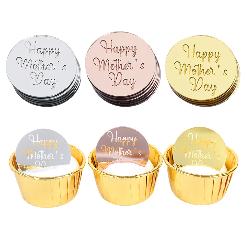 10pcs Cake Decorations Acrylic Round Cupcake Toppers Happy Mother`s Day Birthday Anniversary Ornaments Charms Cake Decoration