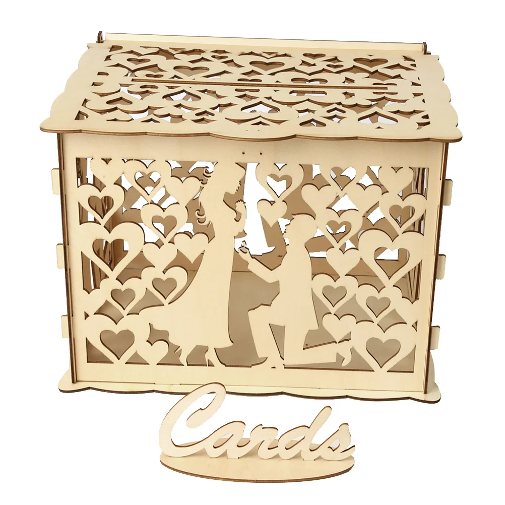 

Wedding Wood Box Love Heart Hollow Out Proposal DIY Storage 1 Key 12 Rubber Rings Large Size Eco Friendly Unique