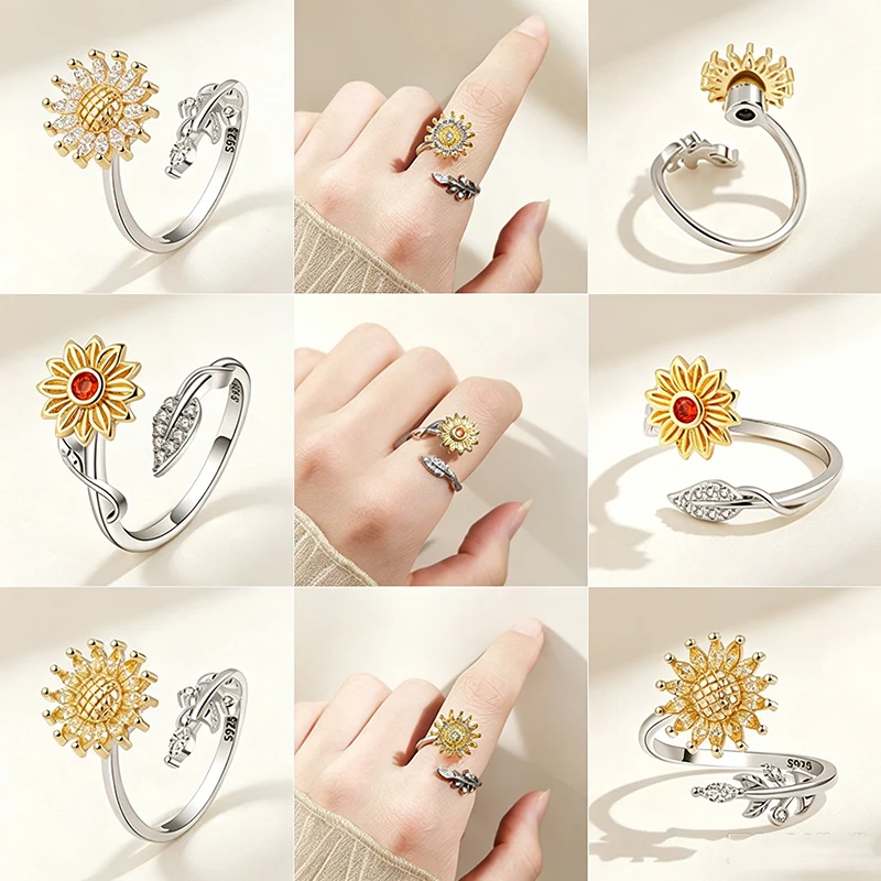 Exquisite Daisy Flower Spinner Ring Anti Anxiety Fidget Leaf Open Jewelry Ladies Banquet Sunflower Rings Gift Rotate Accessories