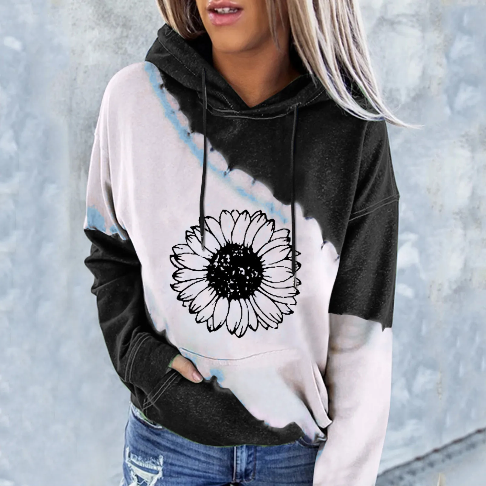 

Long over Sweaters for Women Women Color Matching Print Casual Pullover Hooded Pocket Long Long Sleeve Button down Sweatshirt
