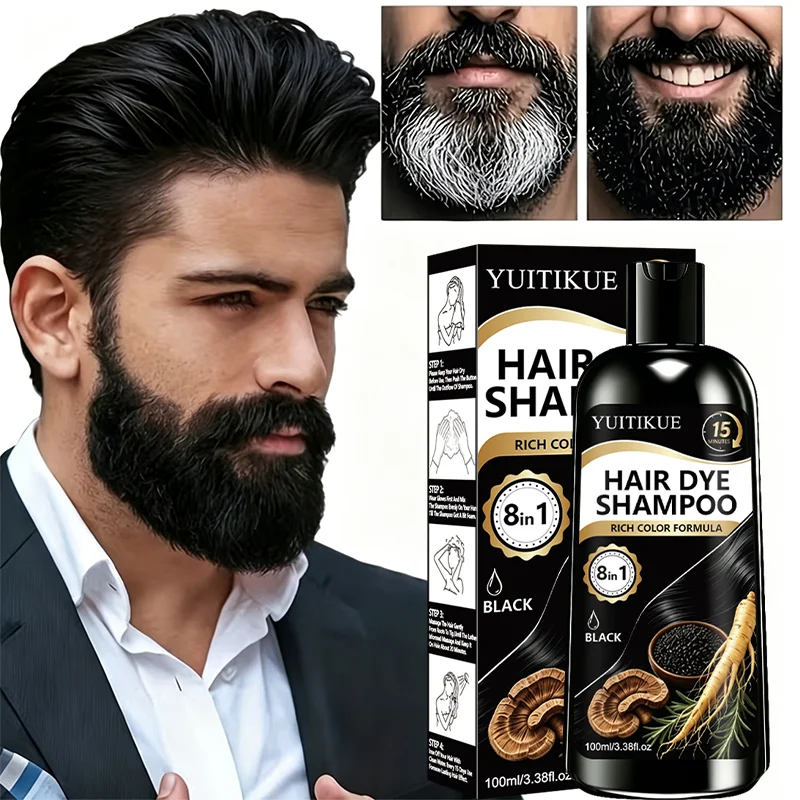 YUITIKUE 8-in-1 Herren Haar- & Bartfarbe Shampoo Natürlicher Ginseng Ganoderma Extrakt Schnelle 15-Minuten Grauhaarabdeckung Schwarzes Färbeshampoo – Detail 5