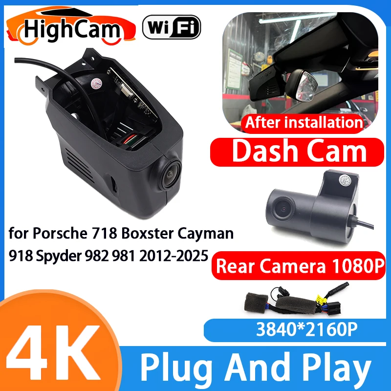 Cámara HighCam para Porsche 718 Boxster Cayman 918 Spyder 982 981 2012-2025, Grabadora de Video DVR Wifi 4K 2160P, Cámara Delantera y Trasera