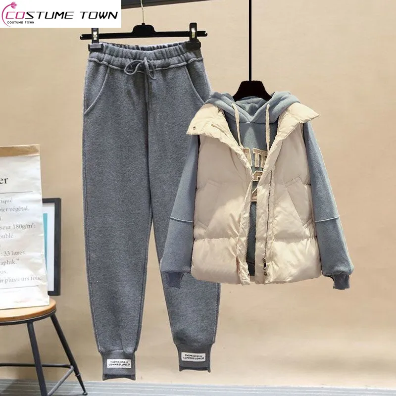 2023 Autumn and Winter New Hooded Sweater Cotton Vest Slim Harlan Elastic Casual Pants Three Piece Fashion Set