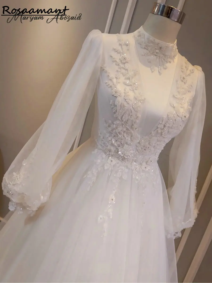 Luxurious High Neck Pearls Beading Muslim A-Line Wedding Dresses Long Sleeve Appliques Lace Boho Country Bridal Gowns