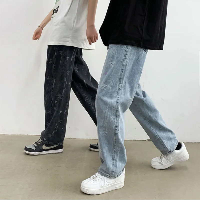 Jeans Men Design Print Mid Waist Oversize Baggy Jean Streetwear Zipper Fly Straight Denim Trousers Hip Hop Retro Teens Men