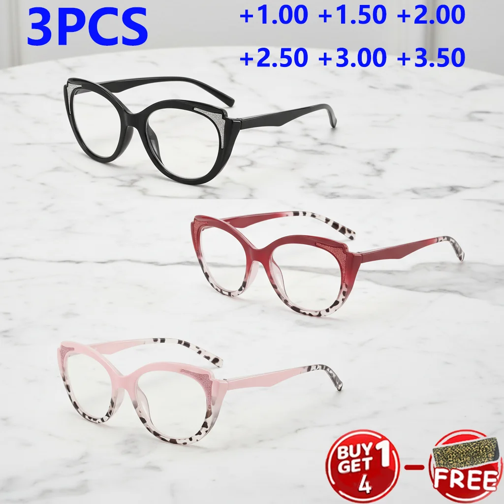 3PCS Cat Eye Gradient Color Glasses Frame for Presbyopia Lightweight with Spring Hinges No Pinching Head